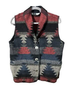 Rhonda Stark Desperado Southwestern Patterned Button Vest Black Red & Tan Sz M